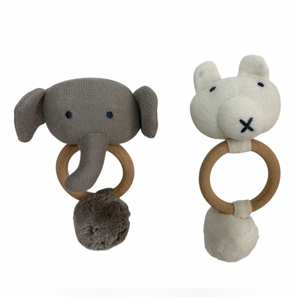 Zestt Organics Teether Rattle Baby Infant Lot 2 Gray Elephant White Bear RARE